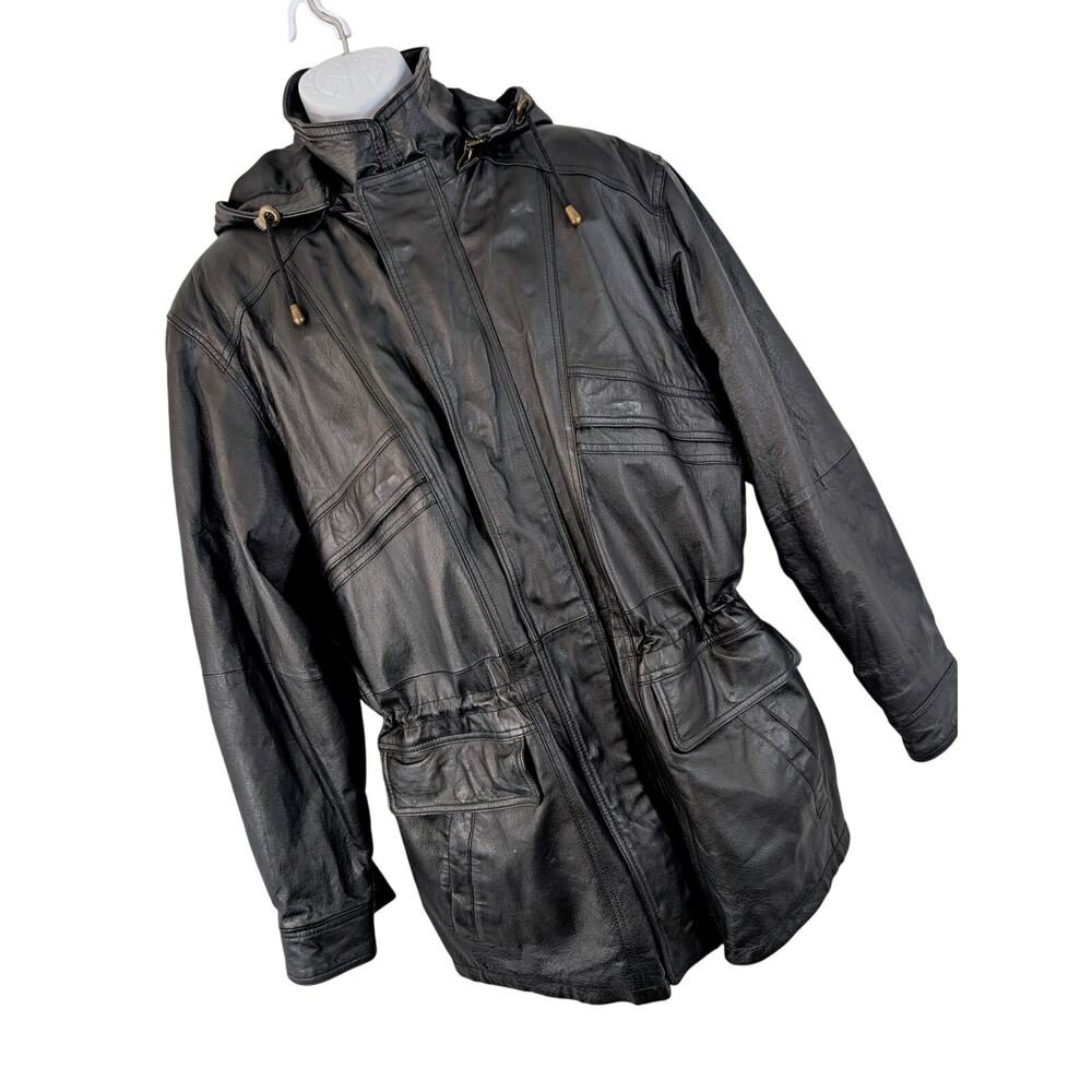 NWOT! FRANKLIN ALLEN! BLACK GENUINE LEATHER PARKA STYLE, DRAWSTRING COAT! SZ L